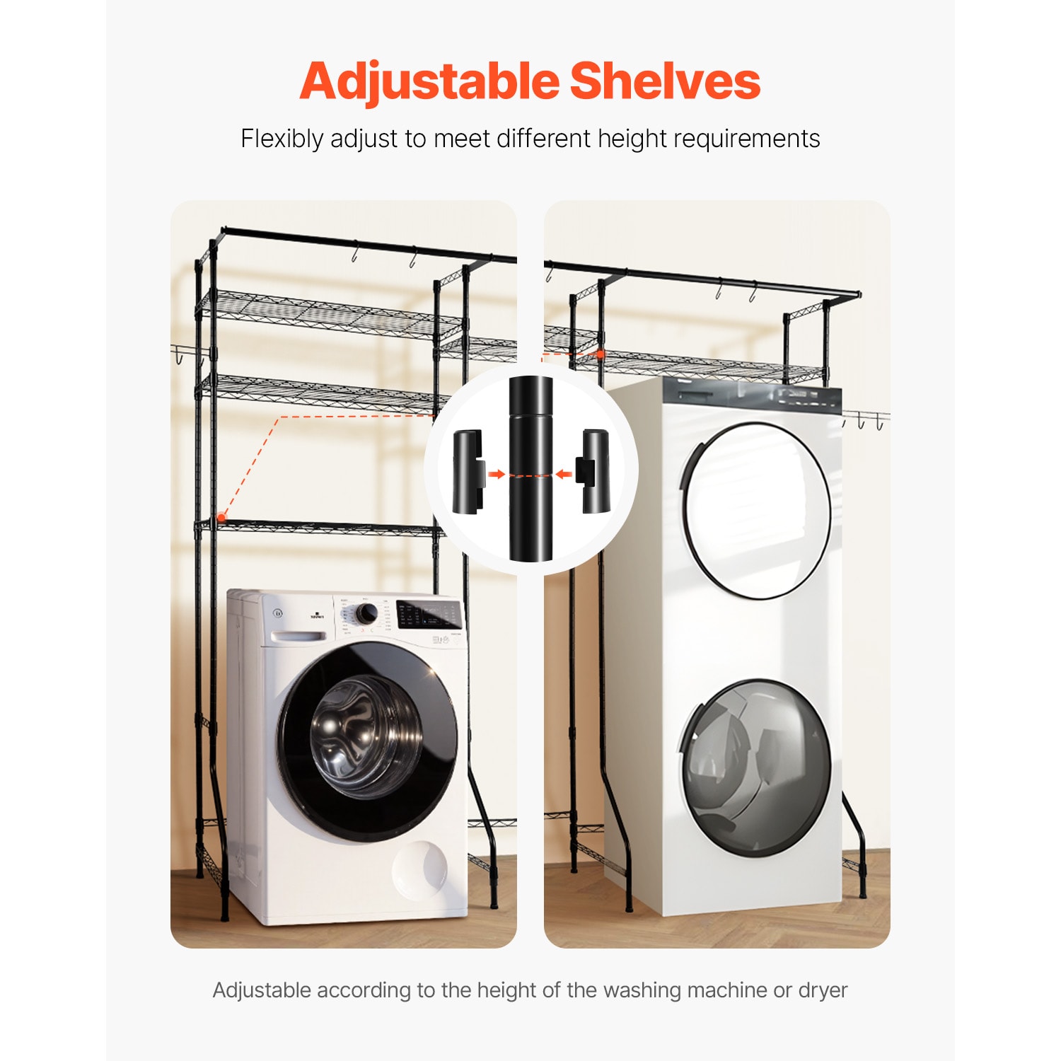 6 Tier Laundry Room Storage Shelf With Hanger Rod And Hooks Black_voghion.com